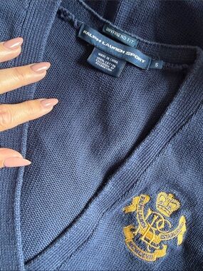 Ralph Lauren Navy V-Neck Cardigan  Quality Knit with Gold Crest Embroidery
